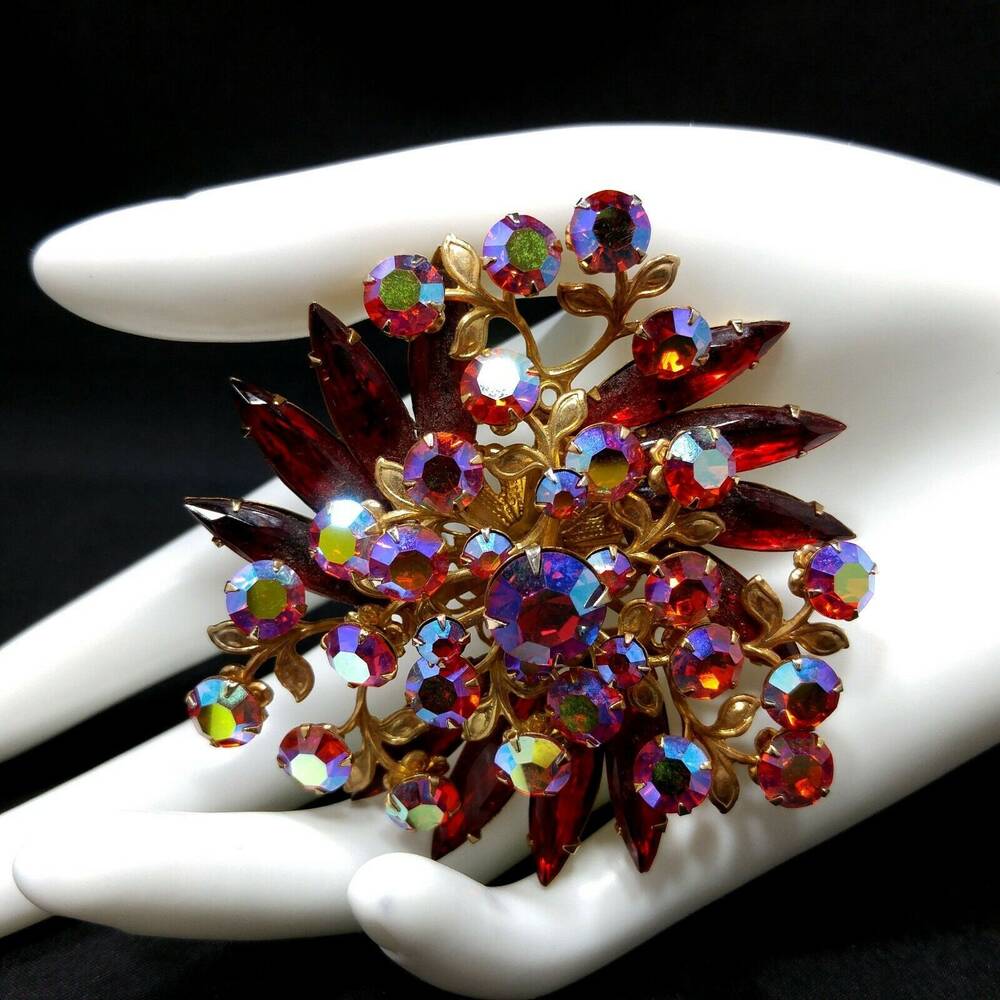 Mid-century Red Aurora Borealis Rhinestone Floral Brooch, Riveted Design, 1950s